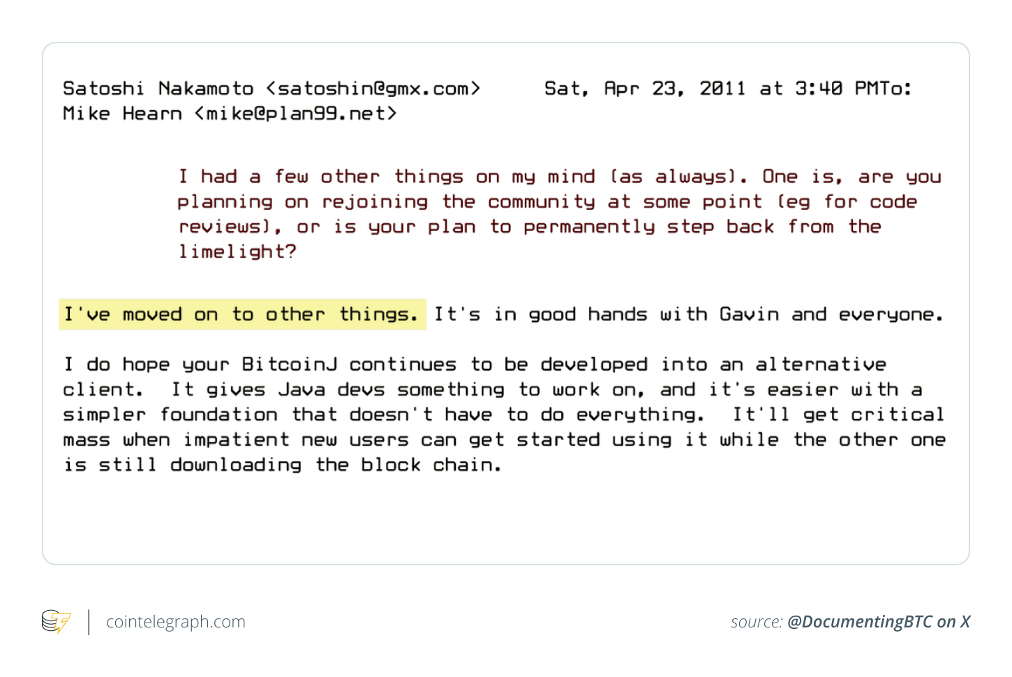 Satoshi's last known communications before disappearing