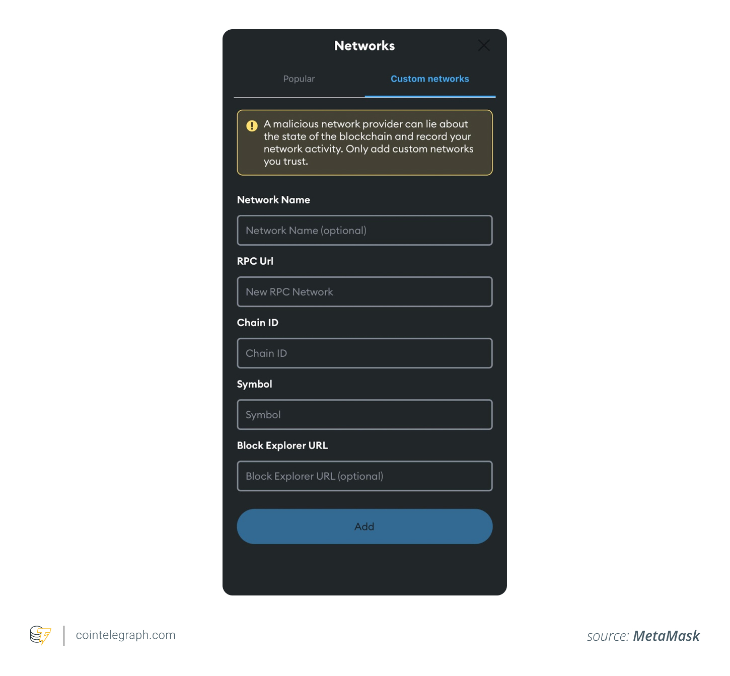 Custom networks-section on MetaMask app