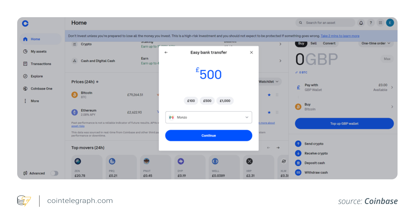 Deposit funds on Coinbase