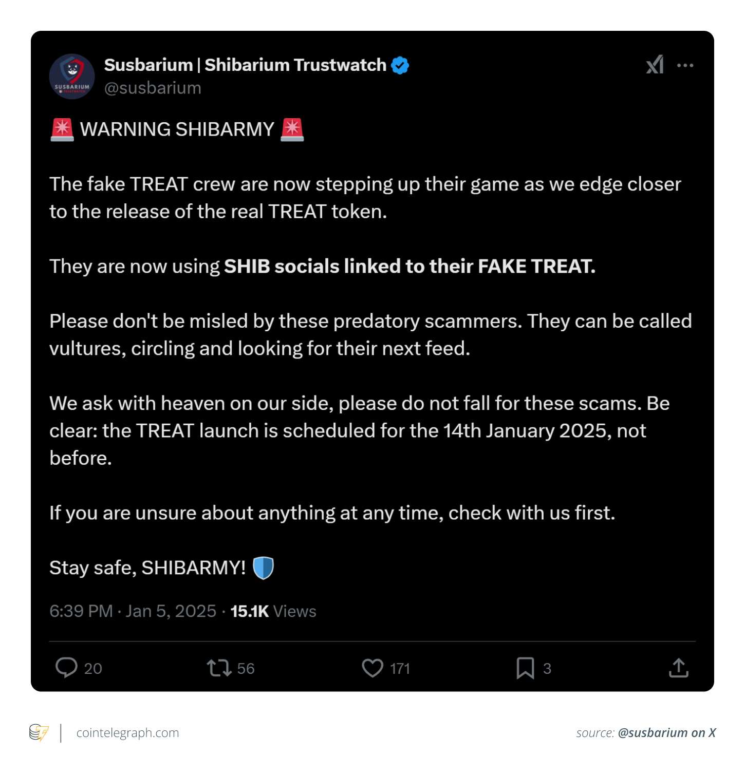 Sunsarium public alert for users amid SHIB TREAT scam threat