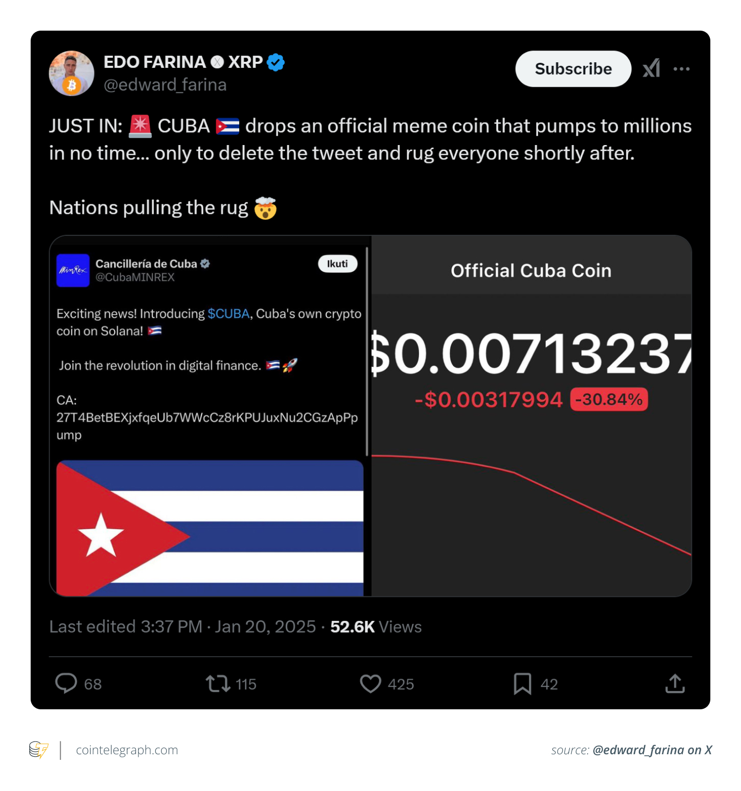 CUBA memecoin rug pull