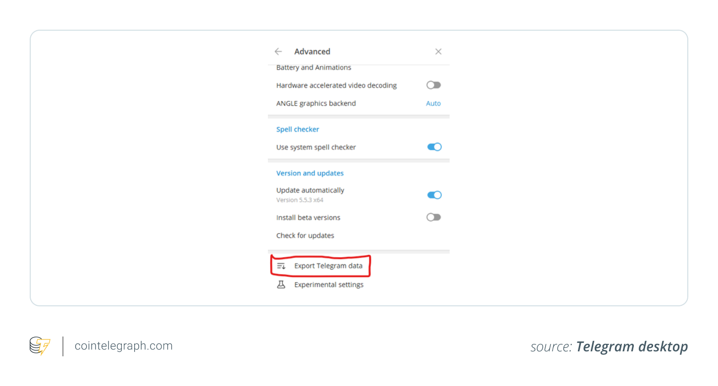 Click Export Telegram data in the Advanced menu